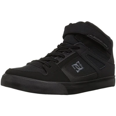 Image of DC Pure High Top Ev Skate Shoes with Ankle Strap and Elastic Laces, Black/Black/Black, 5 UK
