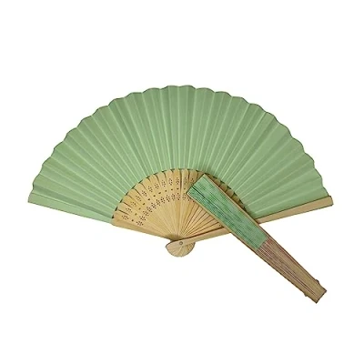 Image of Parev Light Green Paper Foldable Hand Held Bamboo Wooden Fan