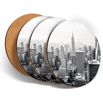 Image of Destination Vinyl ltd Great Coasters (Set of 4) Round Black &amp; White New York City Aerial View Drink Glossy Coasters/Tabletop Protection for Any Table Type #44290