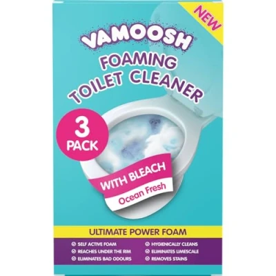 Image of Vamoosh Foaming Toilet Cleaner with Bleach (3 Sachets) Deep Hygienic Clean, Limescale Remover &amp; Odour Eliminator, Self Active Power Foam, Ocean Fresh Scent, Effective Cleaning Products