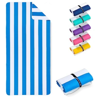 Image of Fit Flip microfibre beach towel large lightweight, compact and super absorbent sand free quick dry towel, 100% recycled travel white sky blue stripes 200x90cm
