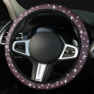 Image of Steering Wheel Covers with Bling Rhinestones, 38 Cm/15 Inch Universal Fit Cover Girly Boys Sparkly Crystal Diamond, Anti Skid Car Protective (Pink)