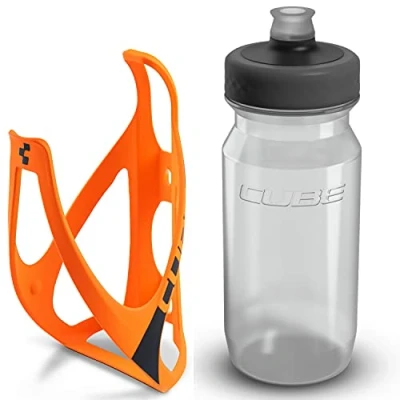 Image of Cube HPP Cage Matt Orange &amp; Grip Bottle Clear, 750ml / Water Drink Flask Vessel Bidon Holder Mount Bracket Kit Lightweight Plastic Drinking Hydration Biking Bike Riding Frame Accessories