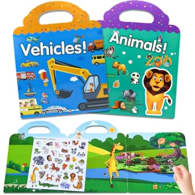 Image of Reusable Sticker Books for Toddlers and Children 2 Pack Vehicle Animal Book, 2+ Year Olds, Stickers Children, Kids Play Learn Activity Gifts