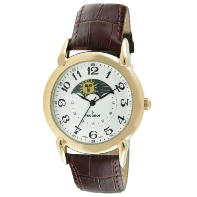 Image of Peugeot PP Men&#039;s 14k Gold Plated Vintage Leather Dress Watch, White/Brown Strap, No Size