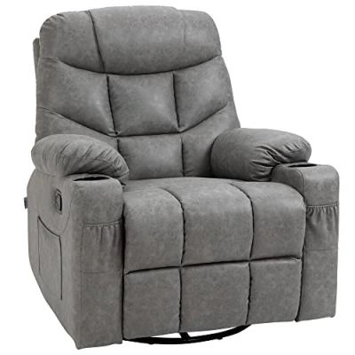 Image of HOMCOM Recliner Armchair, Swivel PU Leather Manual Reclining Chair with Adjustable Leg Rest, Drink Holders, Side Pockets, for Home Living Room, Light Grey
