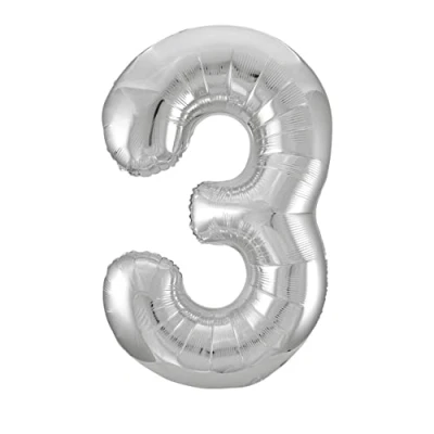 Image of Silver Number 3 Shaped Large Foil Balloon (86cm) 1 Piece Perfect for Birthday Parties and Special Events
