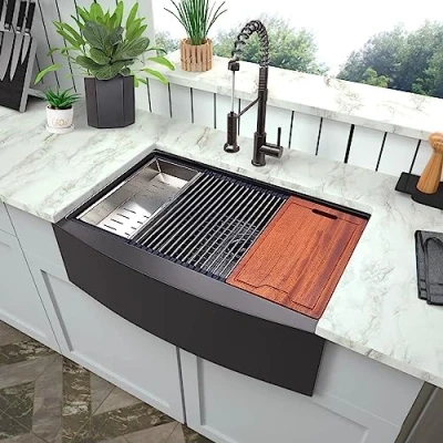 Image of ARAUSK 33 Inch Stainless Steel Kitchen Sink Nano Farmhouse Apron Workstation Single Bowl 16 Gauge Handmade Black Matte