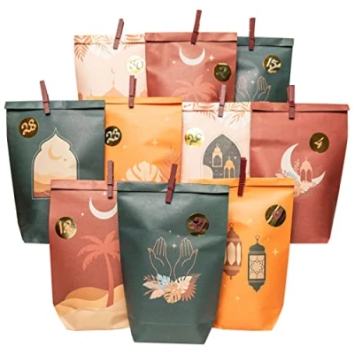 Image of Papierdrachen DIY Ramadan Calendar for Filling, Children and Adults, Printed Kraft Paper Bags in Boho, Standing Decorating, Eid Mubarak, Reusable, Set 8