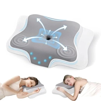 Image of JINXIA Cervical Memory Foam Pillow for Neck Pain, Bed Sleeping Shoulder Pain,Ergonomic Orthopedic Support Side/Back/Stomach Sleepers with Removable Cover(Ice Silk Pillowcase)
