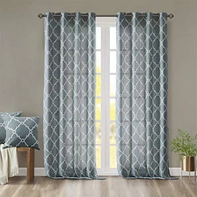 Image of Madison Park Saratoga Single Window Curtain Light Filtering Fretwork Print 1 Panel Grommet Top Drape for Living Room Bedroom and Dorm, 50x95, Yellow/White