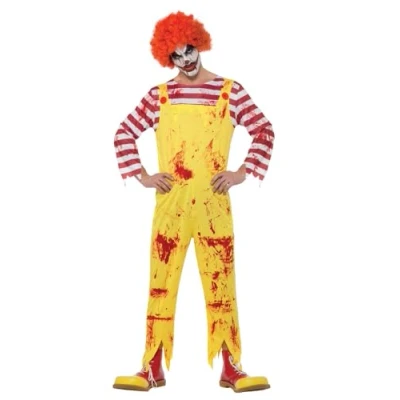 Image of Smiffys Kreepy Killer Clown Costume, Yellow &amp; Red with Jumpsuit, Halloween Cirque Sinister Fancy Dress, Dress Up Costumes