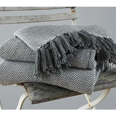 Image of EHC Herringbone Large 100% Cotton Sofa Armchair Blanket Throw,150 x 200cm Grey