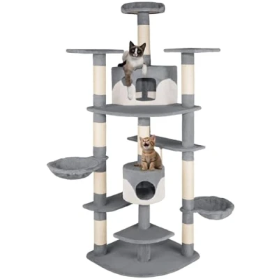 Image of tectake® Multi Level Cat Tree with Sisal Scratching Posts, Plush Fabric, 2 Cosy Houses, Hanging Beds &amp; Toy Rope, Anti Tip Protection 201 cm Tower for Play Rest Grey/White