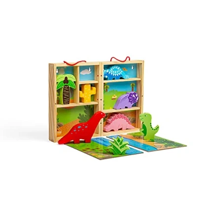 Image of Bigjigs Toys Dinosaur Play Box Wooden Playset with 5 Dinosaurs &amp; 2 Fold Out Mats, Portable Toy Dolls House, Montessori for 18 months +, Roleplay