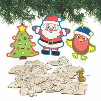 Image of Baker Ross FC189 Christmas Wooden Decorations Pack of 12, Wood Crafts for Kids, Ornaments to Colour In and Decorate