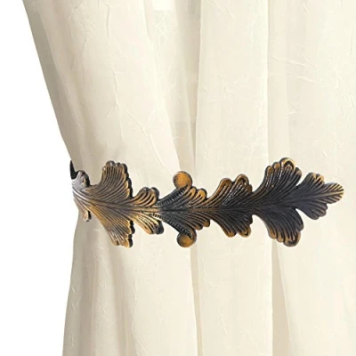 Image of White Hinge Large Antique Brass Curtain Hold Back Leaf Design Drape Holder/Arm