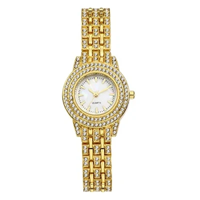 Image of JewelryWe Women Watches Gold Tone Iced Out Wristwatch Rhinestone Round Anlaog Quartz Watch Bling Dress