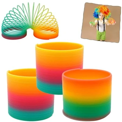 Image of 3x Rainbow Magic Spring Coil Toys, 6x7cm Plastic Slinky Fidget Party Favours, Kids Birthday Gifts, Stress Relief Sensory Toy for Ages 3+