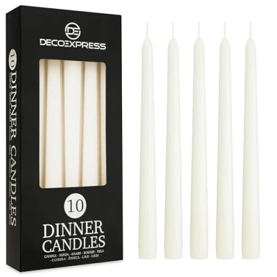 Image of Deco Express Dinner Candles Pack of 6, 10, 15 or 50 Tapered Non Drip Long Lasting 8 Hours, Unscented (White 10 Pack)