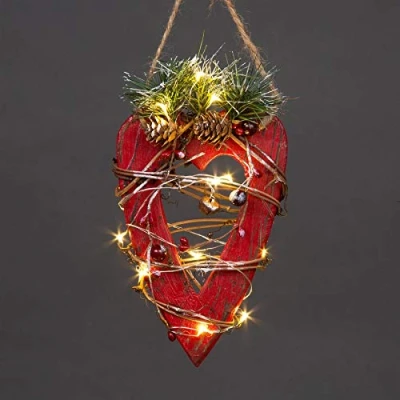 Image of 19cm Red Wooden LED Heart Hanging Ornament Christmas Holiday Home décor with 15 Warm white LEDs, 12 x 19h cm