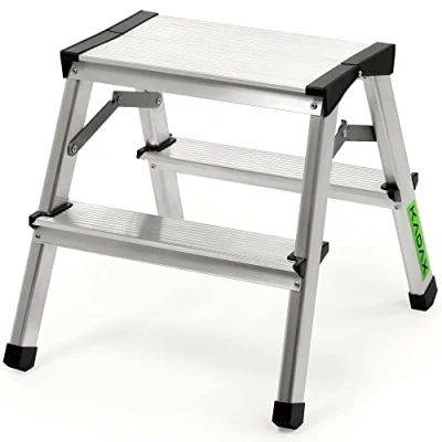 Image of KADAX Folding Ladder, Aluminium Double Sided Step Ladder up to 125 kg, Portable with Non Slip Steps, Lightweight and Sturdy (Silver, 2 Steps)