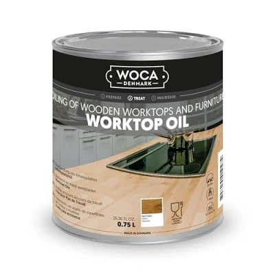 Image of WOCA Denmark Worktop Oil Natural 750 ml Finish &amp; Restore Wood Butcher Block countertops, Cutting Boards, Kitchen Furniture and Other Items Naturally. Food Contact Safe