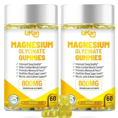Image of Izkan Magnesium Glycinate Gummies 1600mg Sugar Free Supplement with Calcium, Potassium Vitamin D, B6 &amp; CoQ10 for Calm Mood Muscle, Sleep Support 60 (2X)