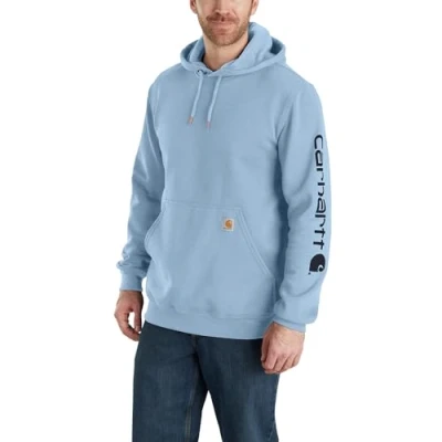 Image of Carhartt Men&#039;s Loose Fit Midweight Logo Sleeve Graphic Sweatshirt Hooded Sweatshirt, Fog Blue, M