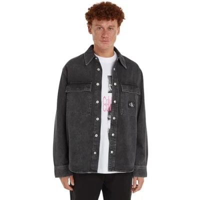 Image of Calvin Klein Jeans Men&#039;s Relaxed Linear Shirt J30J324581 Casual, Denim Black, S