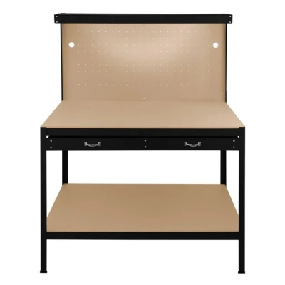 Image of Garage Workbench Black Pegboard Drawer Shelves LED Light Heavy Duty Steel Wooden Workshop Industrial Shed DIY Work Table Desk Tool Storage Station Unit 370kg Total Capacity 40 Hooks Rubber Mallet