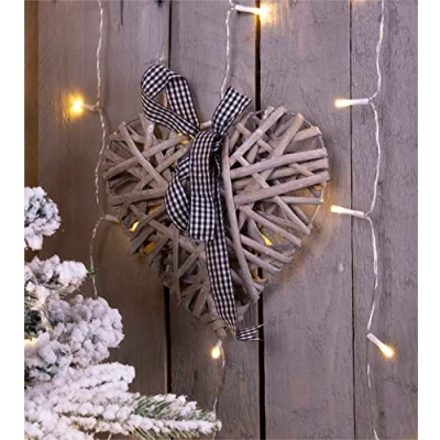 Image of Woven Wicker Christmas Heart Rustic Hanging Decoration Light Grey