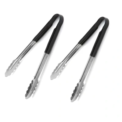 Image of Chabrias Ltd 12&quot; Utility Kitchen Tongs Cooking Stainless Steel Colour Coded Serving (Black, 2 Pack)