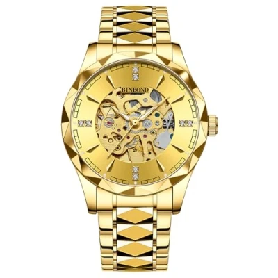Image of JewelryWe Men Skeleton Wrist Watch: Silver Rhombus Hollow Dial Analog Mechanical Self Winding Waterproof Luminous Hand Luxury Business Engraving Stainless Steel Wristwatch