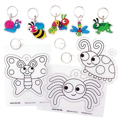 Image of Baker Ross AT609 Bug Super Shrink Keyring Kits Pack of 8, Make Your Own Key Rings for Kids to Colour In, and Display, White, 19 x 12 1 cm; 80 Grams