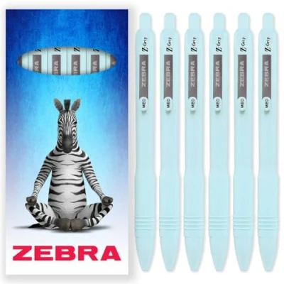 Image of Zebra Z Grip Smooth Ballpoint Pen 1.0mm Black Ink Pack of 6 In Cardboard Gift Box Packaging (Pastel Blue)