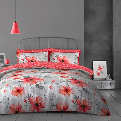 Image of Printed 4 Pcs Complete Bedding Set Double Size Duvet Cover + Polycotton Fabric Fitted Sheet+ Pillowcase Reversible Floral