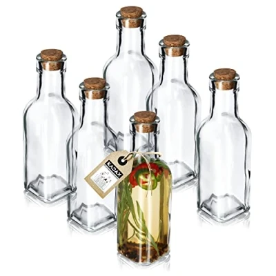 Image of KADAX Glass Bottle, Airtight Bottle with Cork Stopper, Transparent Container for Olive Oil, Vinegar, Spices, Decorative Cooking Oil Bottles (175 ml, Set of 6)