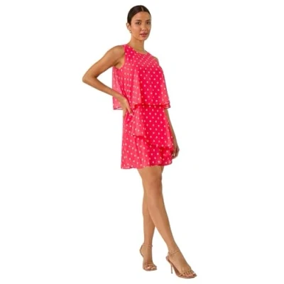 Image of Roman Womens Sleeveless Polka Dot Print Tiered Playsuit Pink Size 12 UK