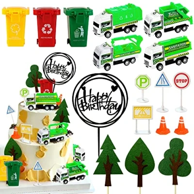 Image of 17PCS Garbage Truck Cake Topper Trash Decorations Can Birthday Party for Waste Management Recycling Supplies