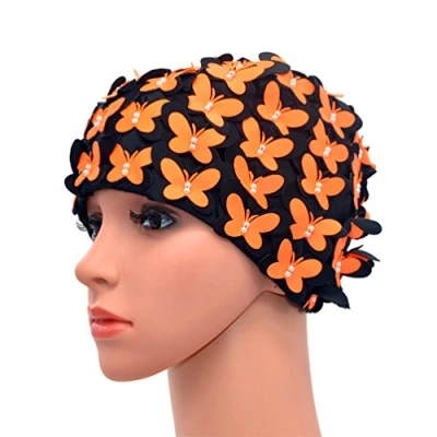 Image of Medifier Vintage Swim cap Floral Petal Retro Style Bathing Caps for Women Orange