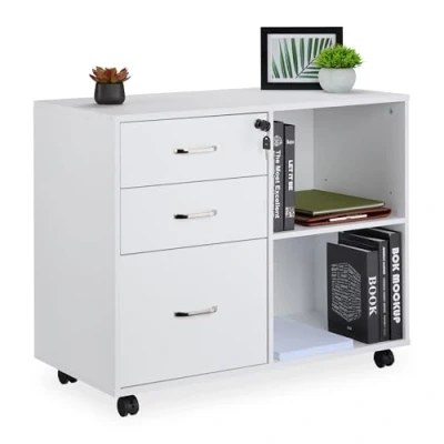 Image of Mobile Filing Cabinet, 3 Drawers, 2 Shelves, hwd: 66 x 80 40 cm, 4 Wheels, Lockable, Office Storage, White Relaxdays
