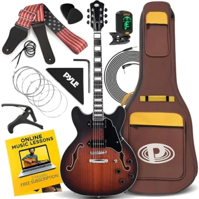 Image of Pyle Semi Hollow Body Electric Guitar Set, 41.8 Full Size Jazz Instrument Kit w/Gig Bag and Accessories, Matte &amp; Sunburst Finish