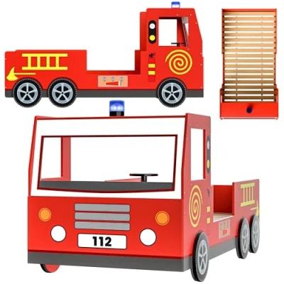 Image of CASARIA® Children&#039;s Red Fire Engine Bed Toddler Single Child&#039;s Truck Firefighter Frame Kids Bedroom Furniture Junior Car 205x94.5x103cm