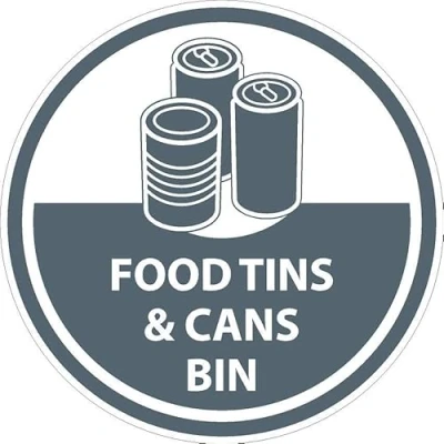 Image of Food tins and cans bin, recycling sign Self adhesive sticker (100mm x 100mm)
