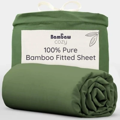 Image of Bambaw Single Bed Bamboo Fitted Sheet 90x190 cm, Deep Pocket 35cm, Anti Dust Mite Bedding, 100% Sheets Single, Soft, Antibacterial &amp; Hypoallergenic Cold cm (Olive)