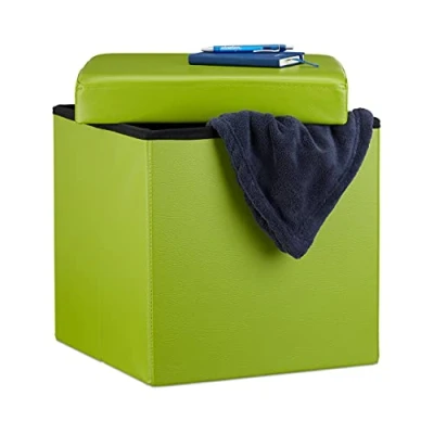 Image of Relaxdays Folding Ottoman 38 x cm Sturdy Storage Chair Pouf and Footstool, Faux Leather Box, Removable Lid, Green