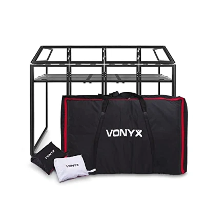Image of VONYX 6 Sided Folding Mobile DJ Booth System, Deck Stand Shelf, Lycra Screens &amp; Bag