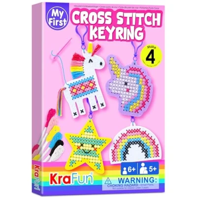 Image of KRAFUN Cross Stitch Kits for kids Beginners, 4 Unicorn Stitching Keyrings Arts &amp; Crafts, Needlepoint Embroidery Kit Girls 5 13 Craft Backpack Charms, Ornaments