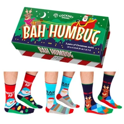 Image of Cockney Spaniel Novelty Gift for Men, 3 Pairs of Crew Socks, Size: UK 6 11 (EUR 39 46), Fun and Quirky Men (UK, Alpha, One Size, Regular, Bah Humbug)